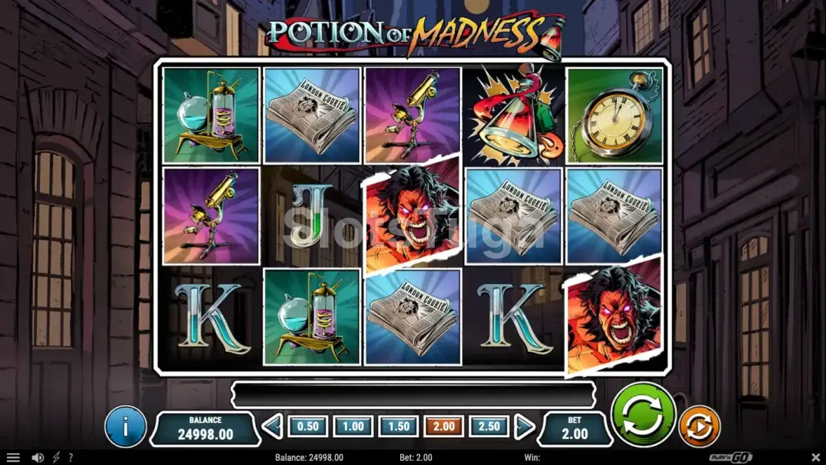 Jogo base da Potion of Madness com seus 5 rolos e 3 linhas