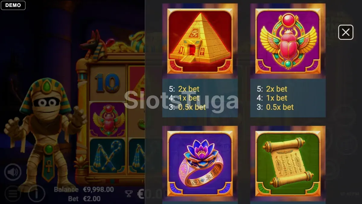 Tabela de pagamentos de Pots of Power Mummys Treasure com os valores dos símbolos