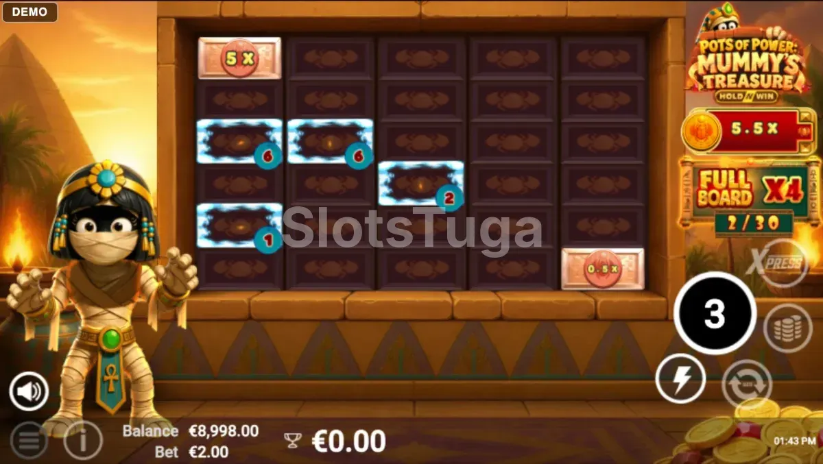 Funcionalidade Hold and Win de Pots of Power Mummys Treasure com Power Frames no tabuleiro