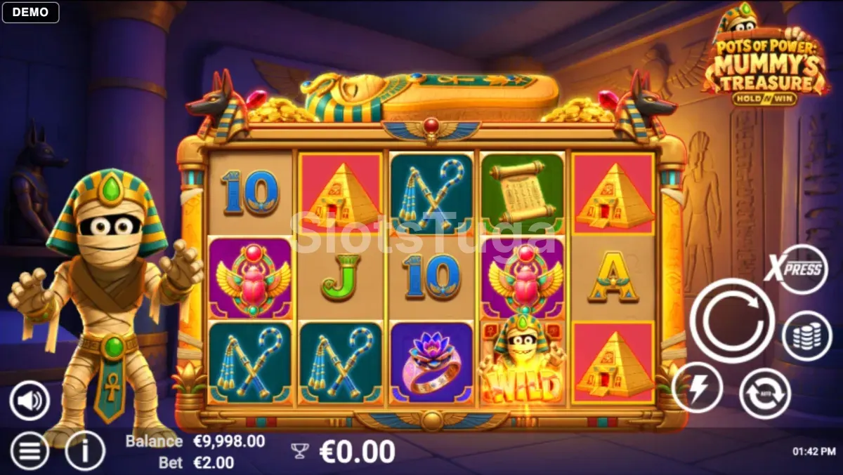 Jogo base de Pots of Power Mummys Treasure com a grelha de 5 rolos e 3 linhas