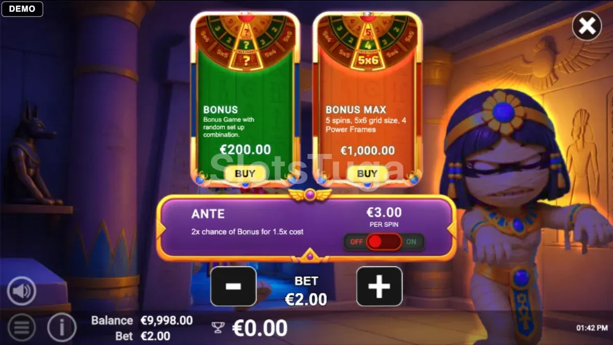Ecrã de compra de bónus de Pots of Power Mummys Treasure com as opções de 100x e 500x