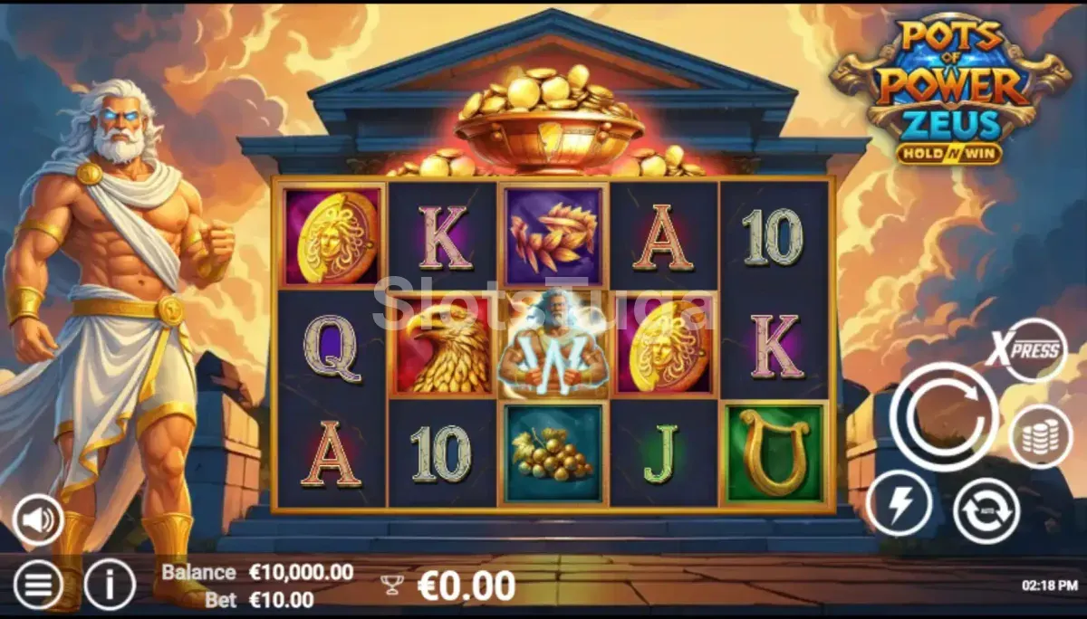 Jogo base do Pots of Power Zeus com símbolos de potes e trovões