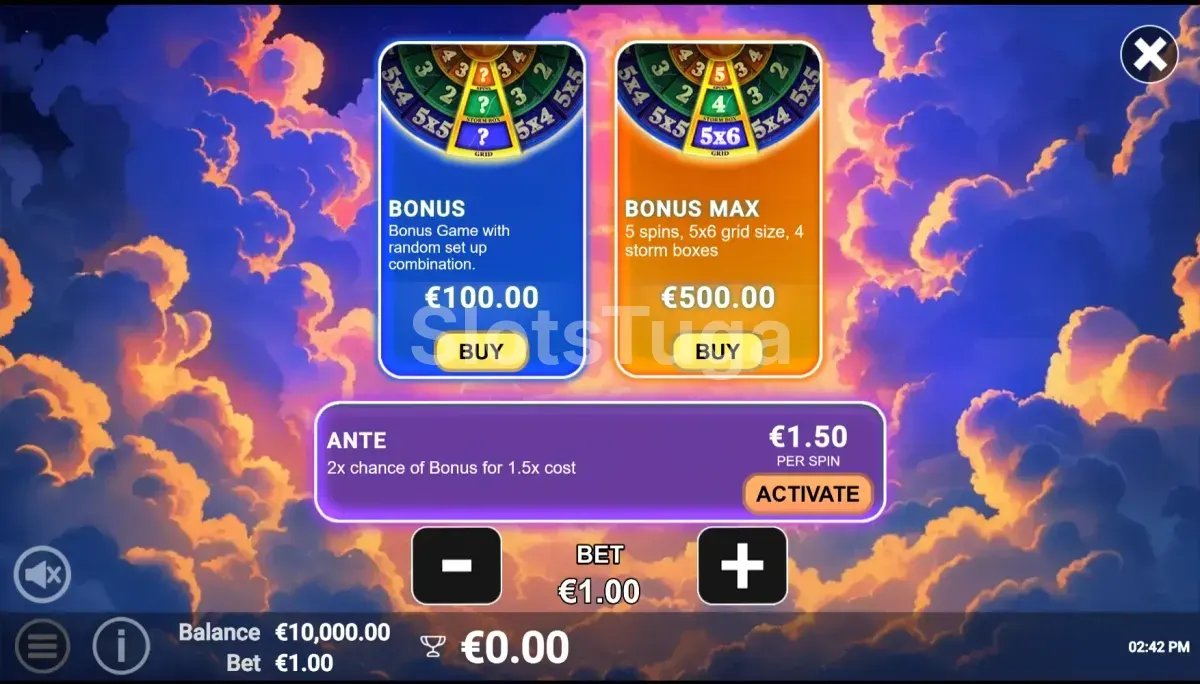 Tela de compra de bônus do Pots of Power Zeus com opções disponíveis