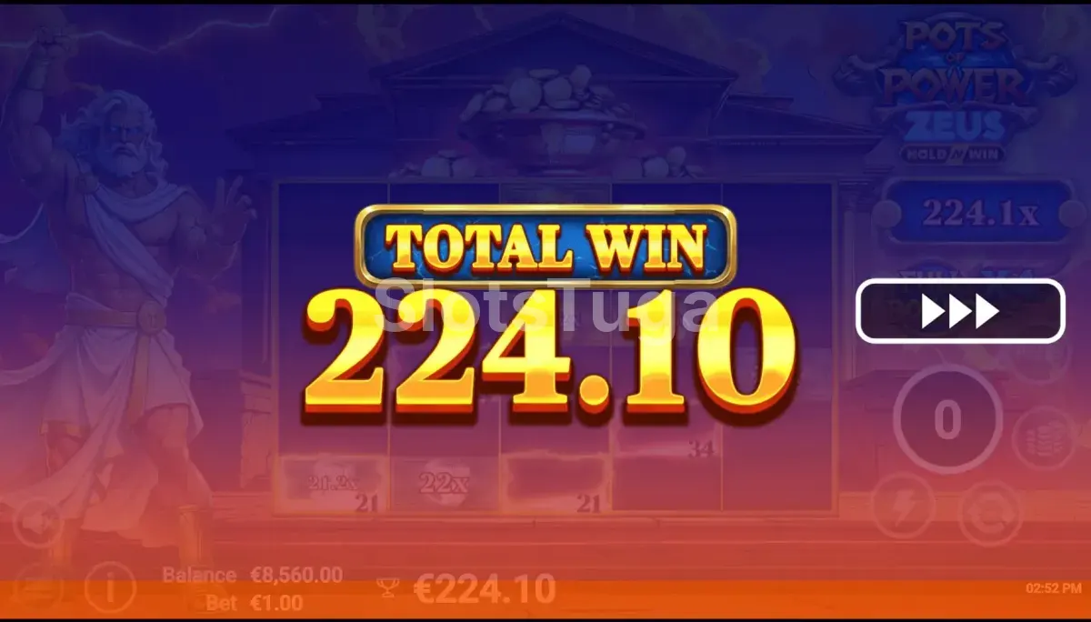 Resultado do bônus no Pots of Power Zeus com grande premiação exibida