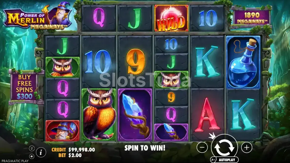 Jogo base do Power of Merlin Megaways com floresta mágica ao fundo