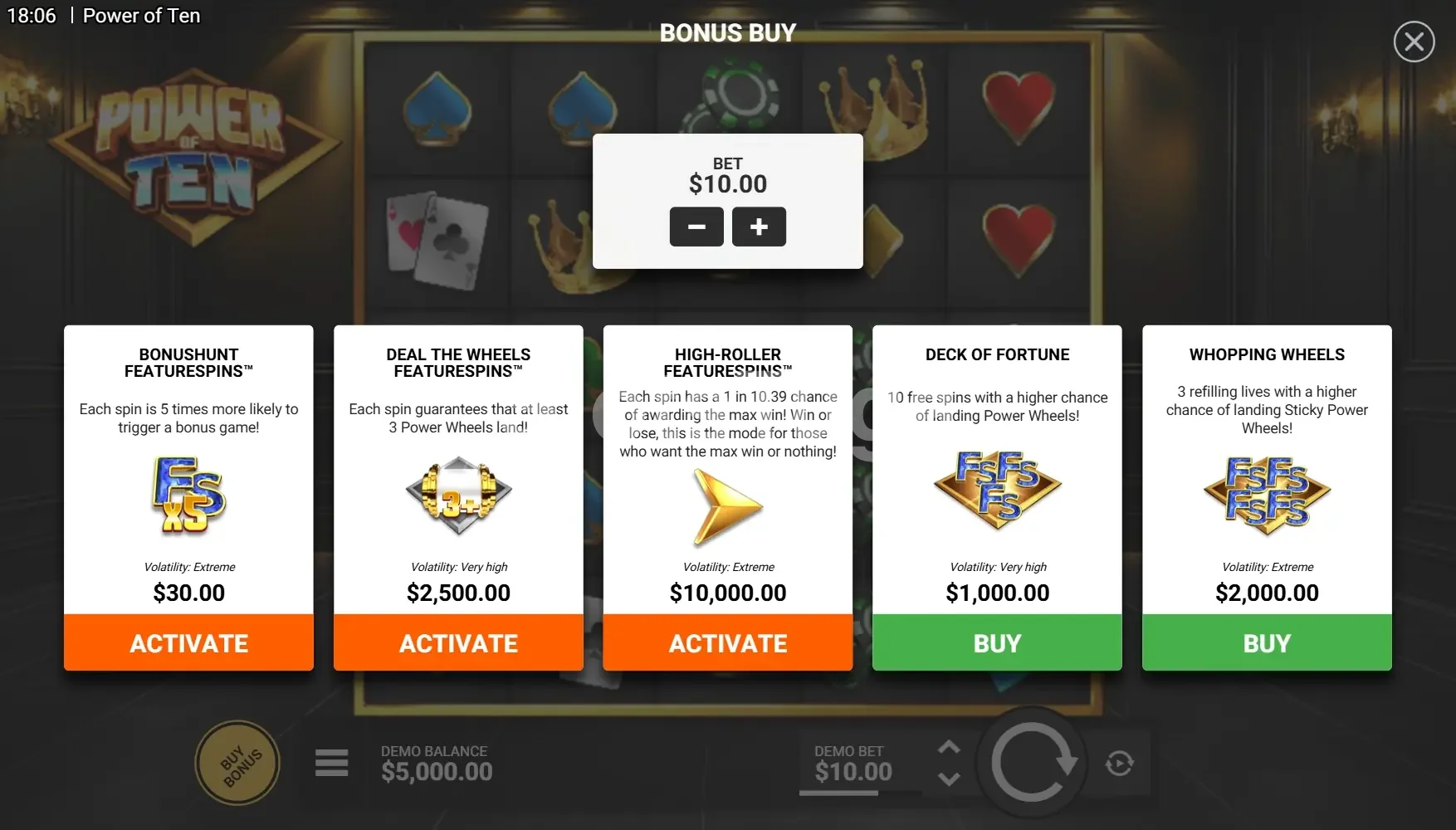 O menu de Power of Ten com a opção High-Roller a 10.000 €, mil vezes a aposta de 10 € activa na captura.