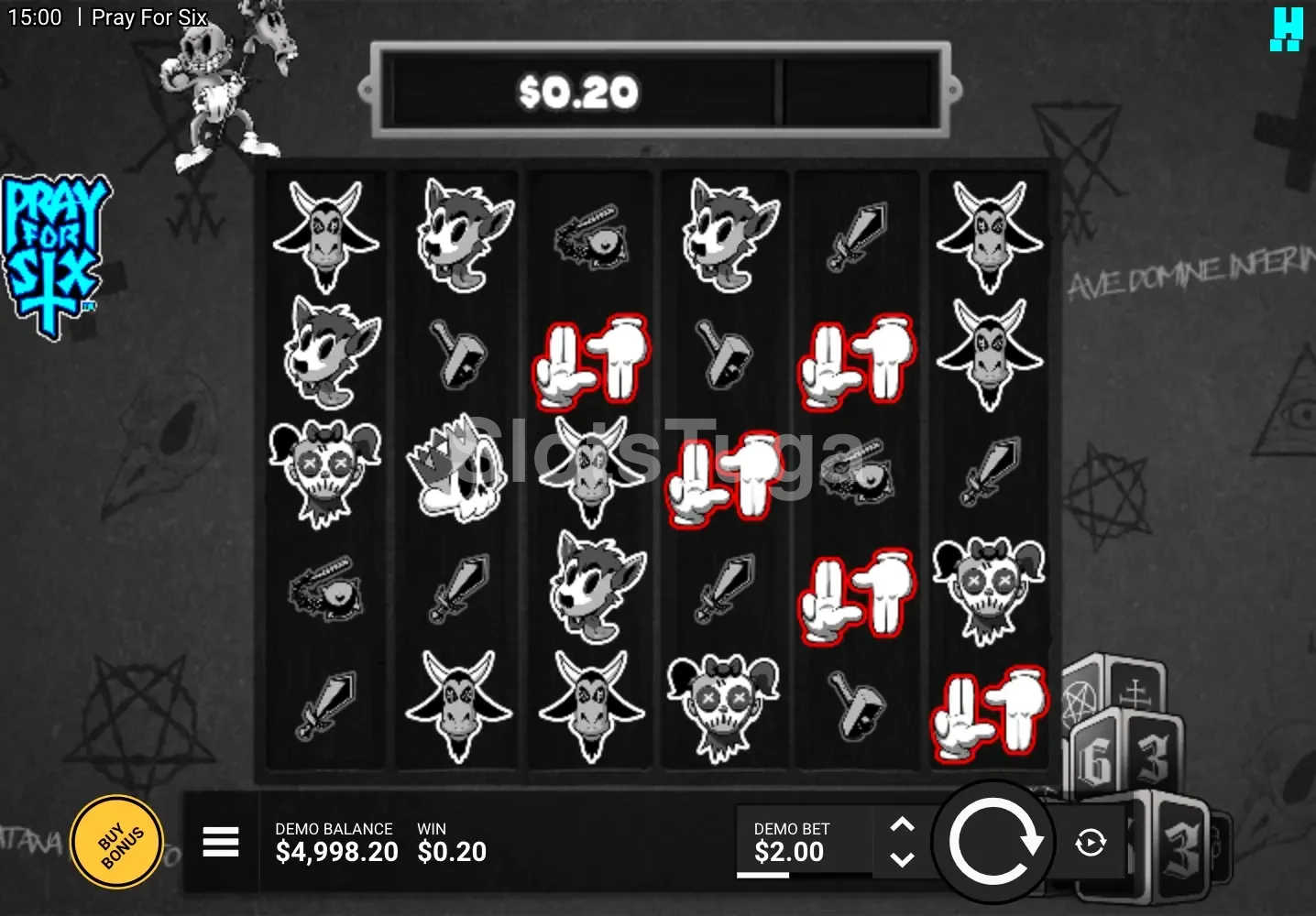 Jogo base da slot Pray for Six da Hacksaw Gaming