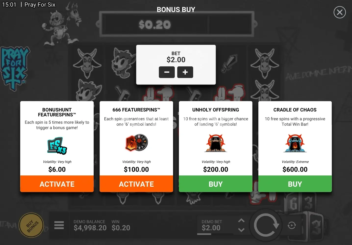 Tela de compra de bônus na slot Pray for Six