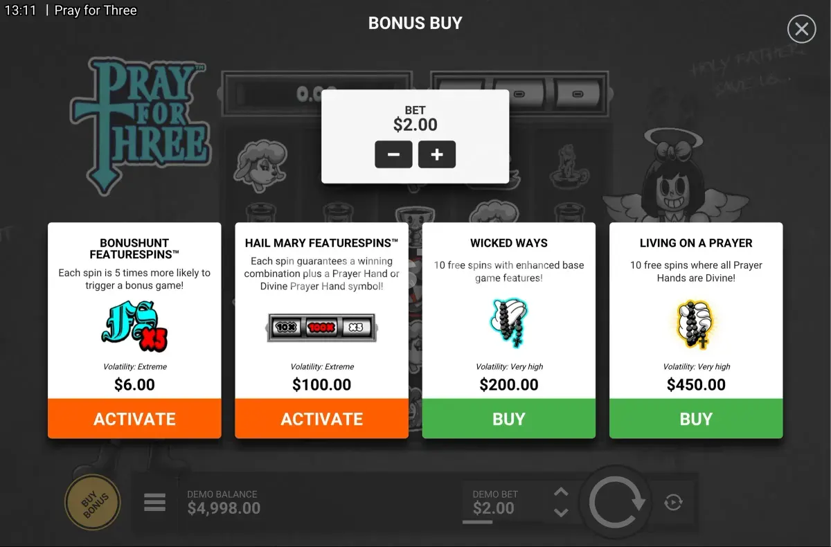 Tela de compra de bônus na slot Pray For Three da Hacksaw Gaming