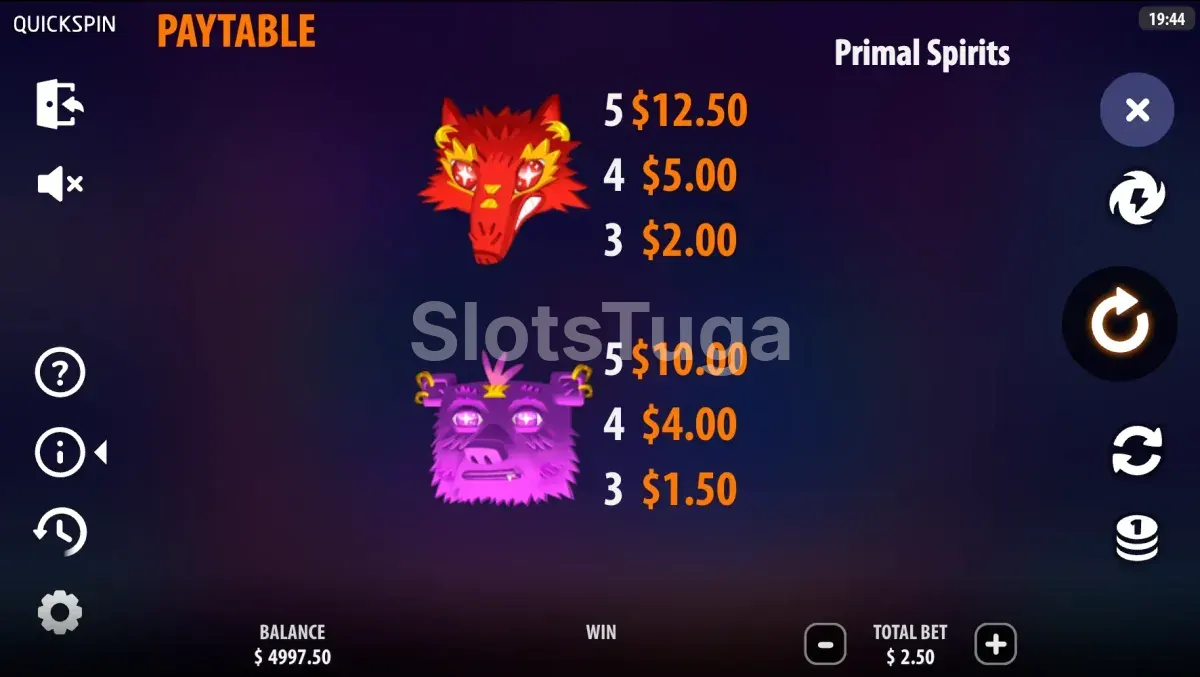 Tabela de pagamentos do Primal Spirits com símbolos animais e gemas