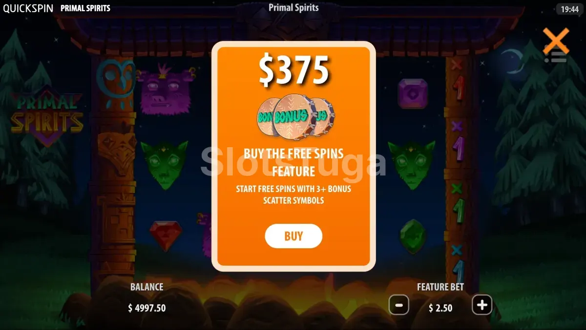 Tela de compra de bônus do Primal Spirits com opção Bonus Buy