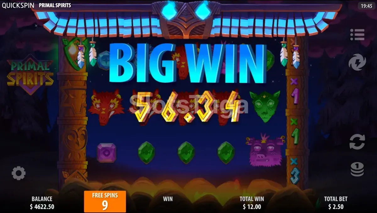 Tela de grande vitória no slot Primal Spirits com multiplicador explosivo