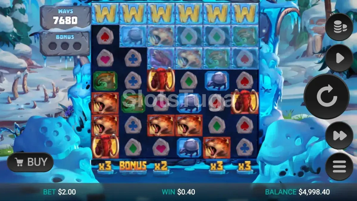 Tela inicial do jogo Primal Times com rouleaux e símbolos temáticos