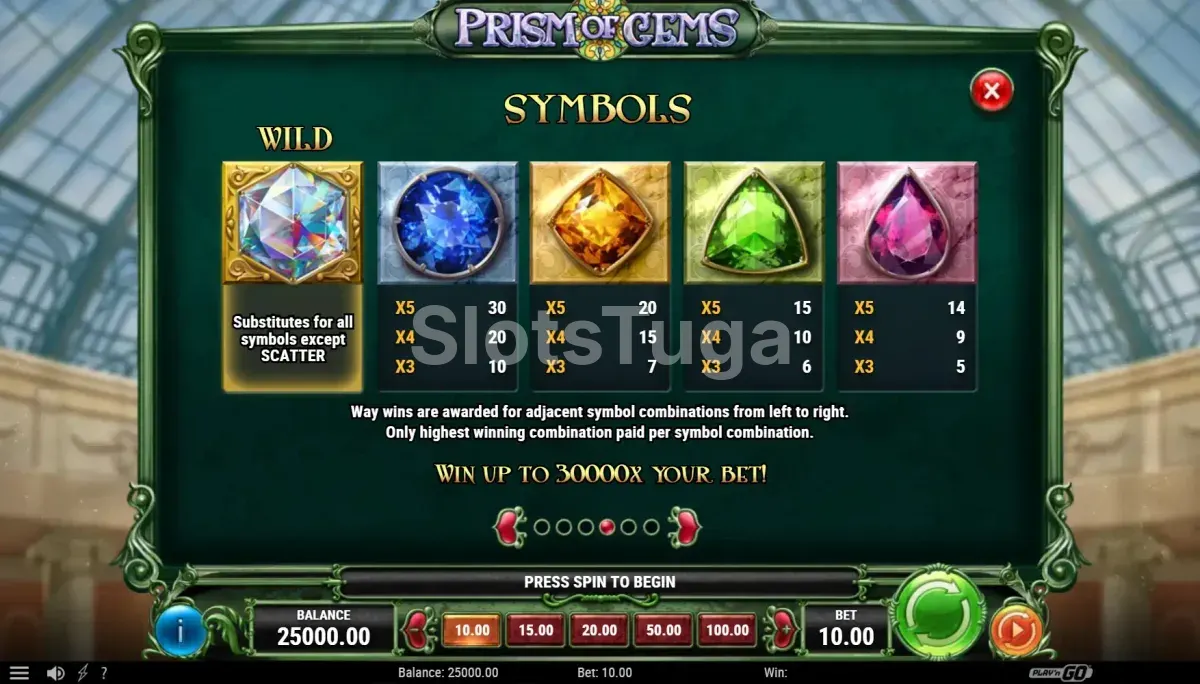 Tabela de pagamentos da slot Prism of Gems