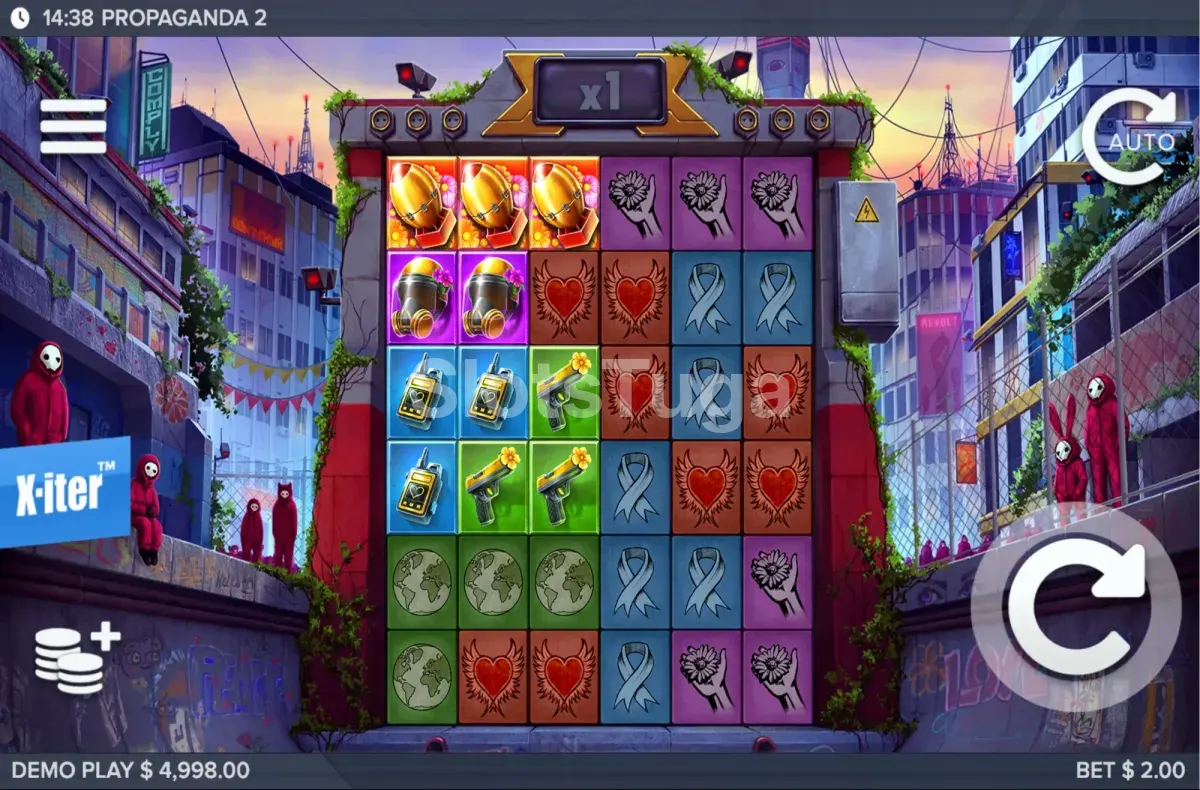 Jogo base de Propaganda 2 com a grelha 6x6 e clusters de símbolos