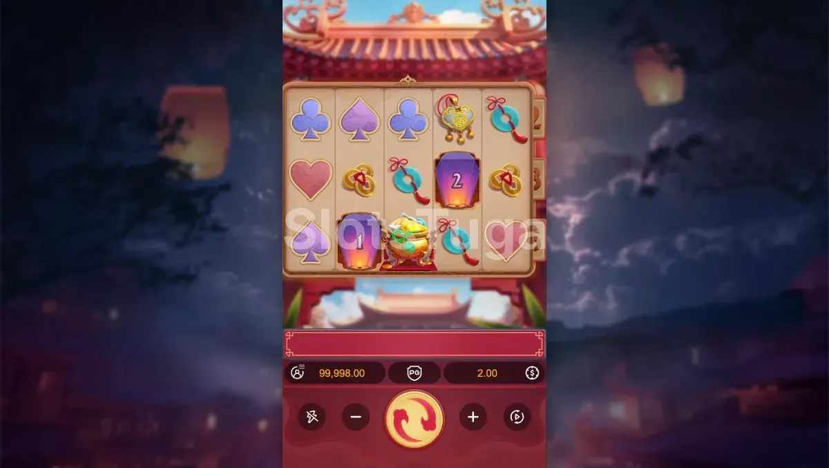 Ecrã principal do jogo Prosperity Lanterns com a grelha de 5 rolos