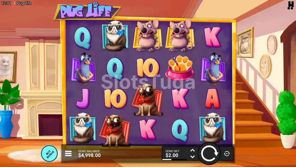 Tela inicial do jogo Pug Life com os rolos e símbolos de animais