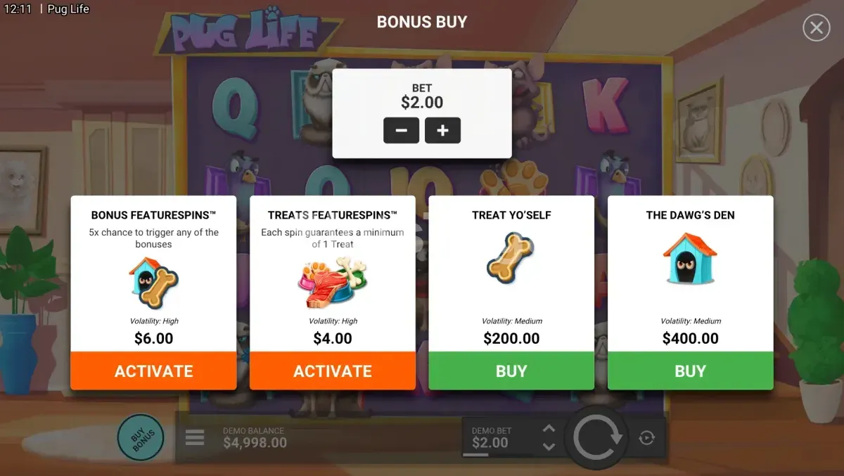 Menu de compra de bônus da slot Pug Life com as quatro opções disponíveis