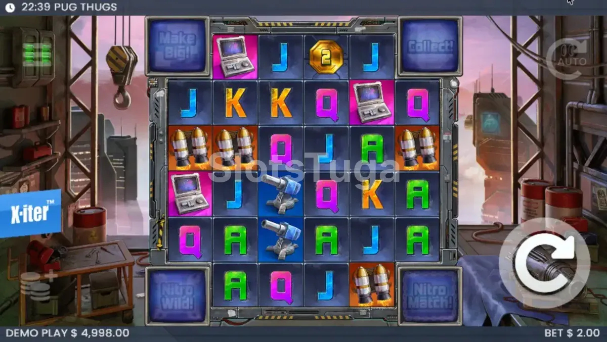 Jogo base do Pug Thugs of Nitropolis com grid flutuante e interface futurista