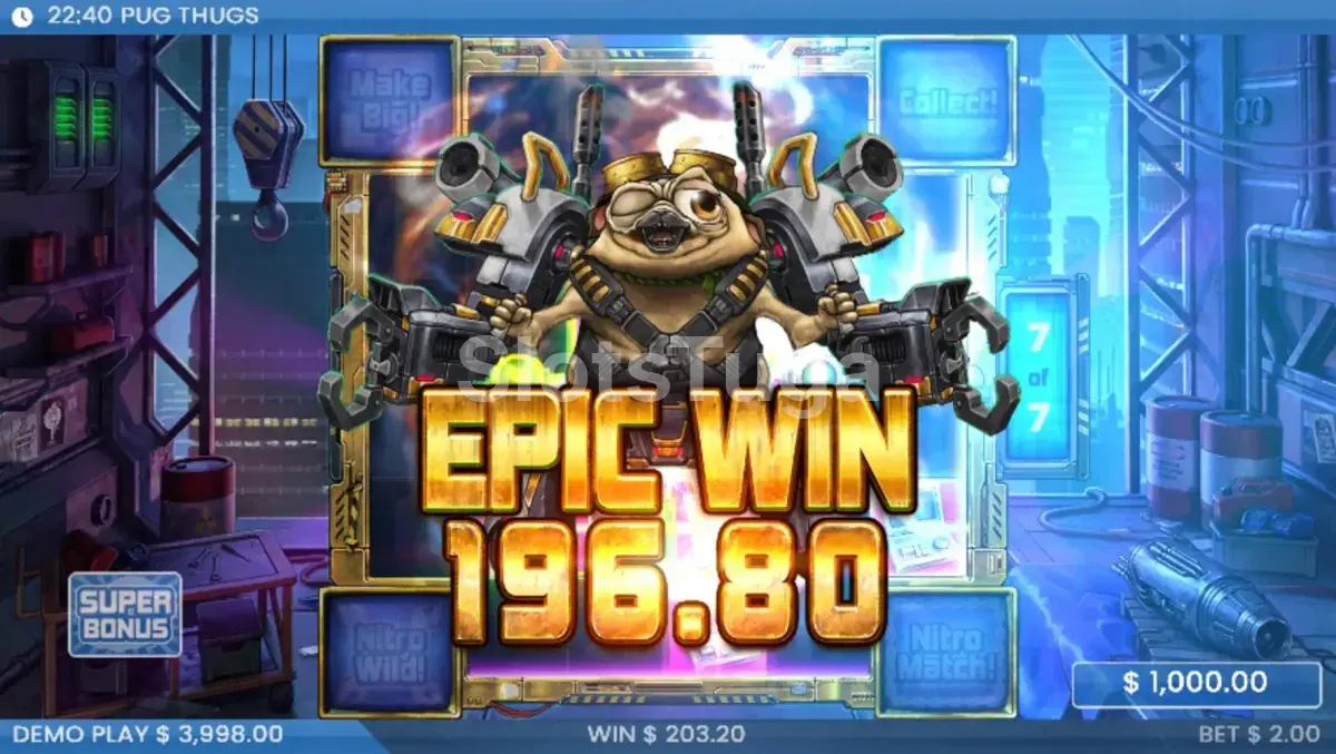 Grande vitória no Pug Thugs of Nitropolis com Nitro Reels no máximo