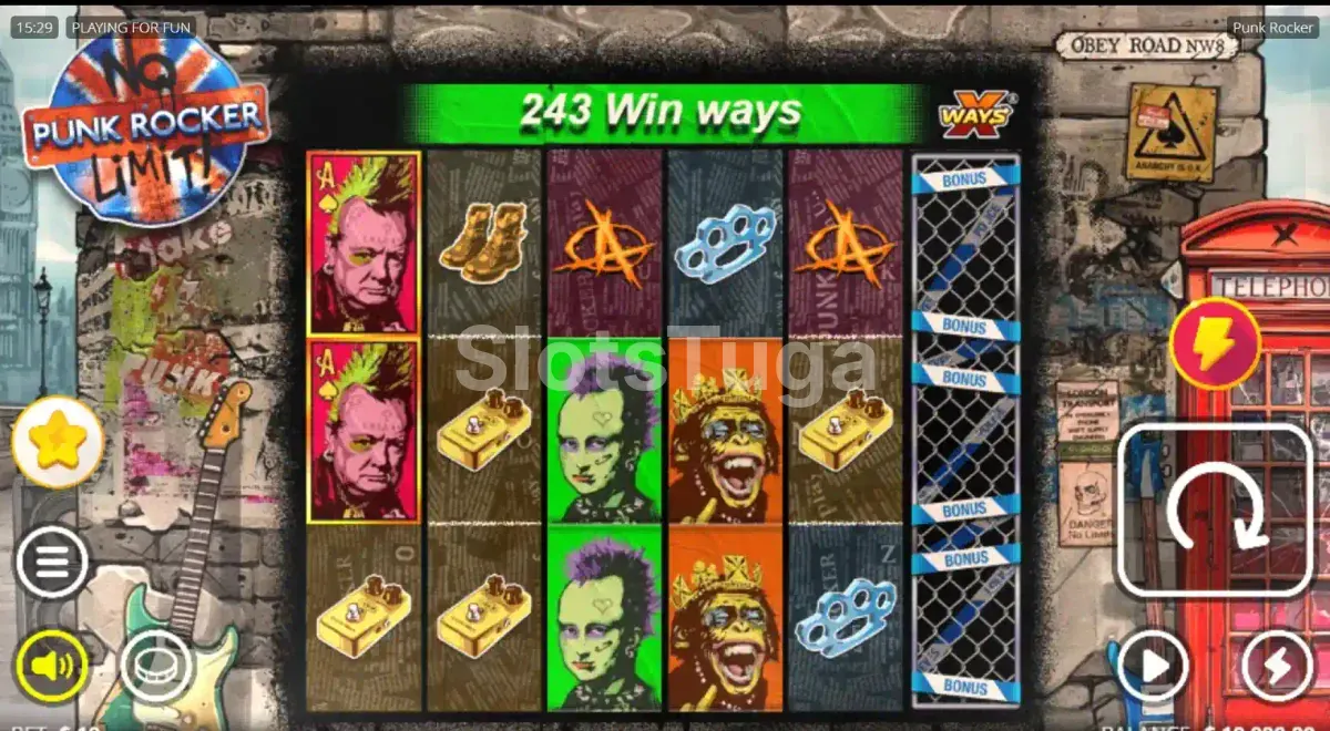 Jogo base da slot Punk Rocker com rouleaux e símbolos punk