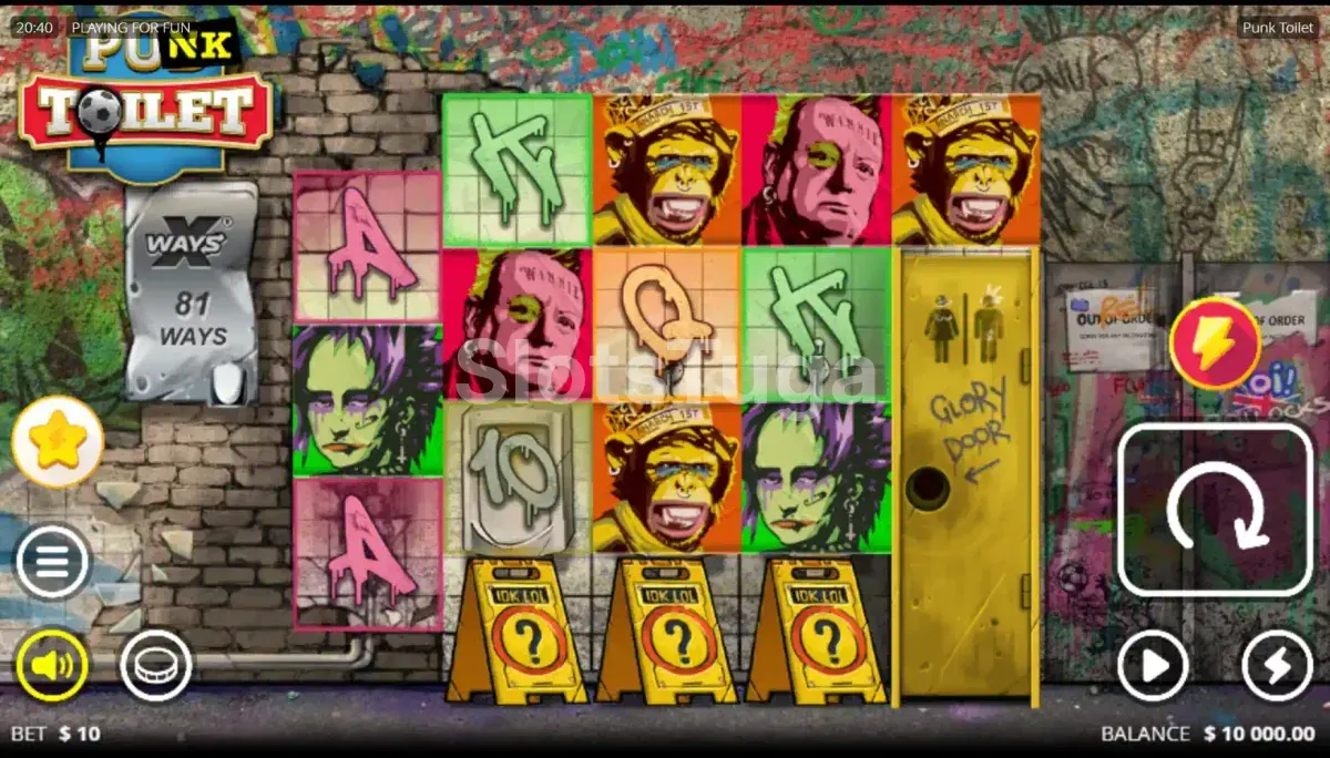 Jogo base de Punk Toilet, com 81 formas de ganhar e a porta amarela à direita que dá acesso à funcionalidade.
