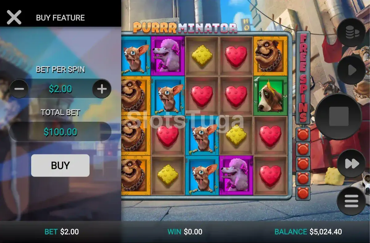 Tela de compra de bônus da slot Purrrminator com opções disponíveis