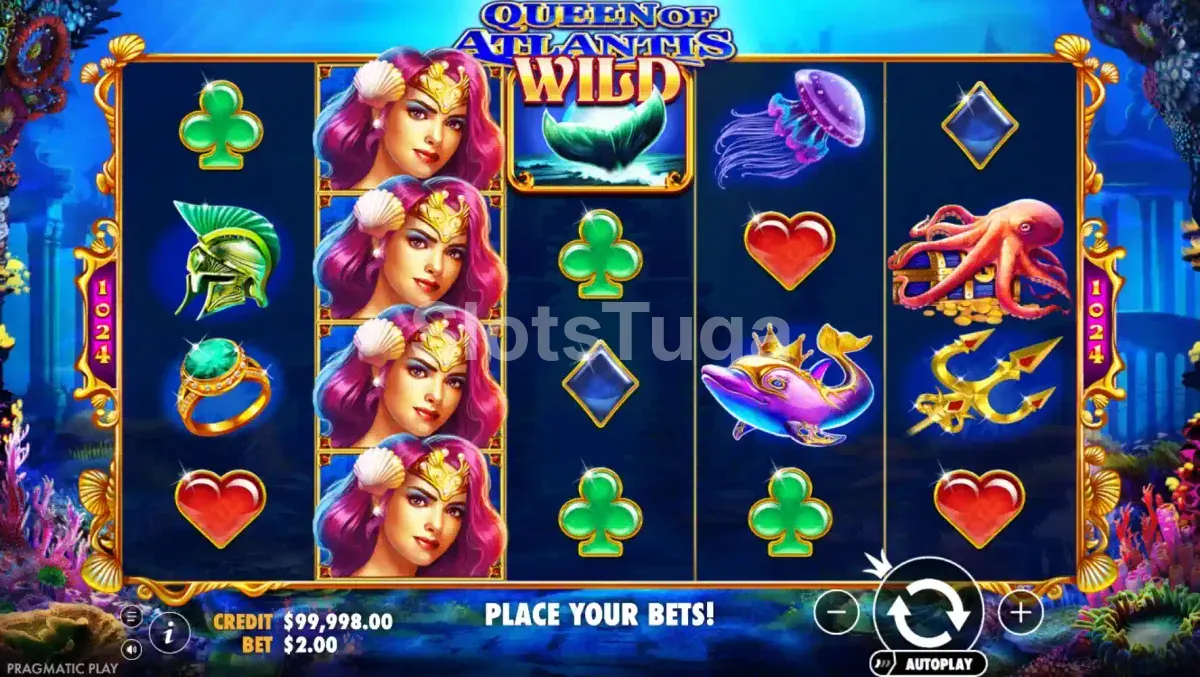 Tela principal do jogo Queen of Atlantis com rouleaux e simbolos submarinos