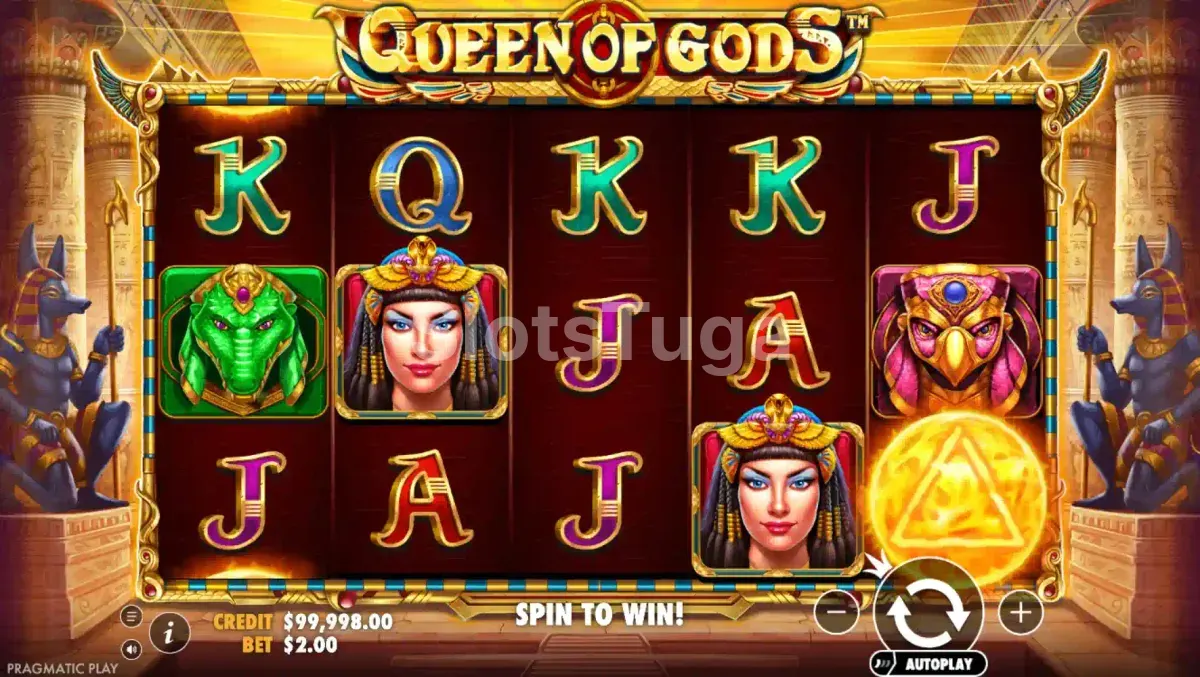 Tela principal do jogo Queen of Gods com símbolos egípcios