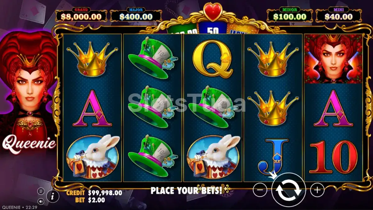 Tela principal da slot Queenie com os rolos e símbolos temáticos