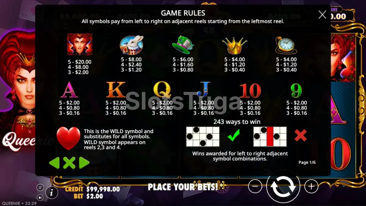 Tabela de pagamentos da slot Queenie mostrando os símbolos e seus valores