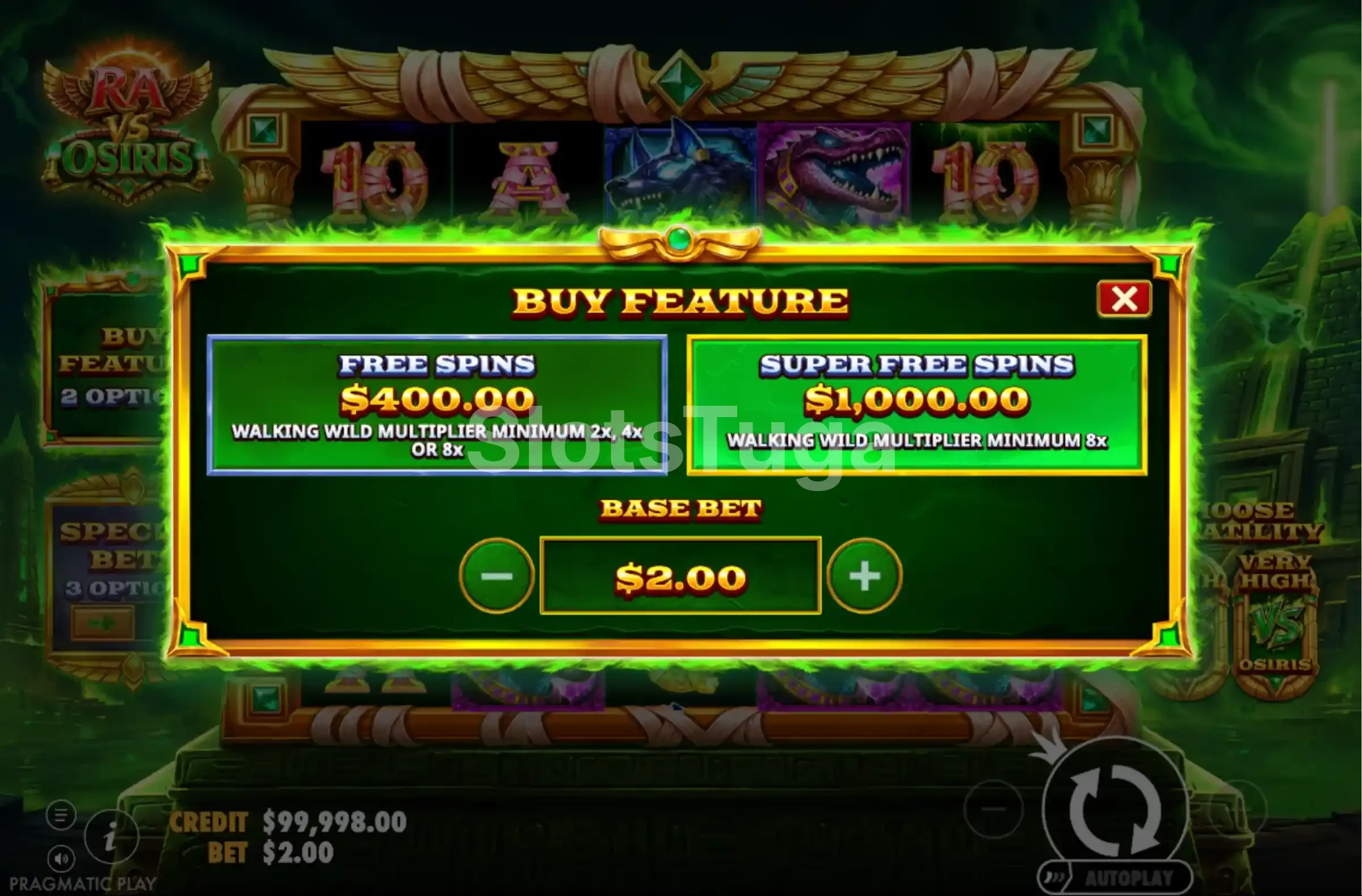 Menu de compra de bónus em Ra vs Osiris