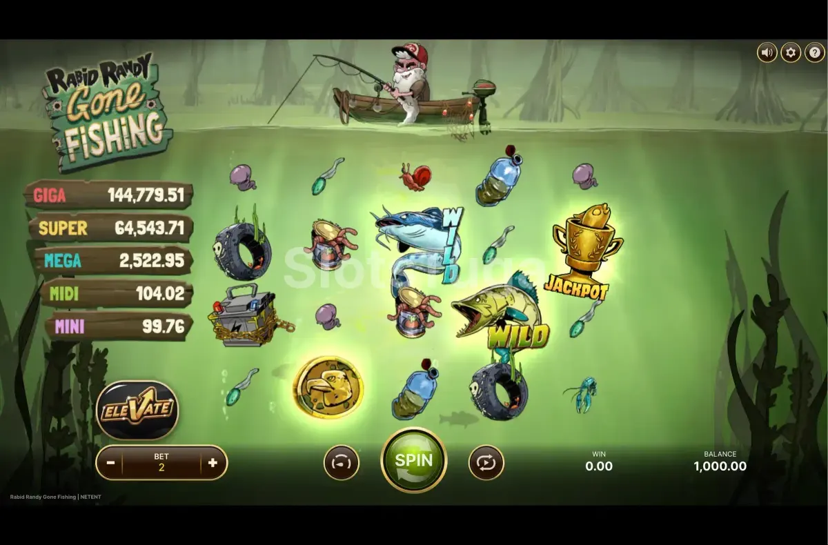 Rabid Randy Gone Fishing: símbolos a flutuar sem grelha visível num pântano esverdeado, com um siluro e um lúcio marcados WILD, um troféu JACKPOT, pneus e latas, e a escada de jackpots Giga, Super, Mega, Midi e Mini à esquerda.