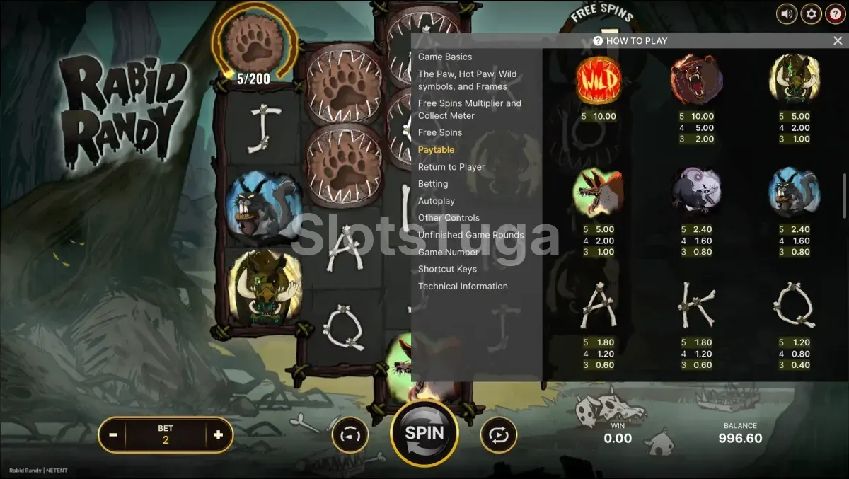 Tabela de pagamentos da slot Rabid Randy