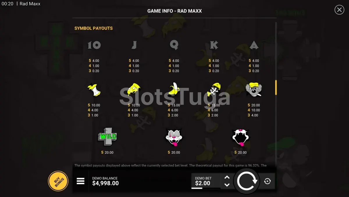 Tabela de pagamentos da Rad Maxx mostrando símbolos e valores