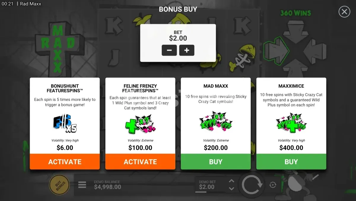 Menu de compra de bônus da Rad Maxx com opções e preços