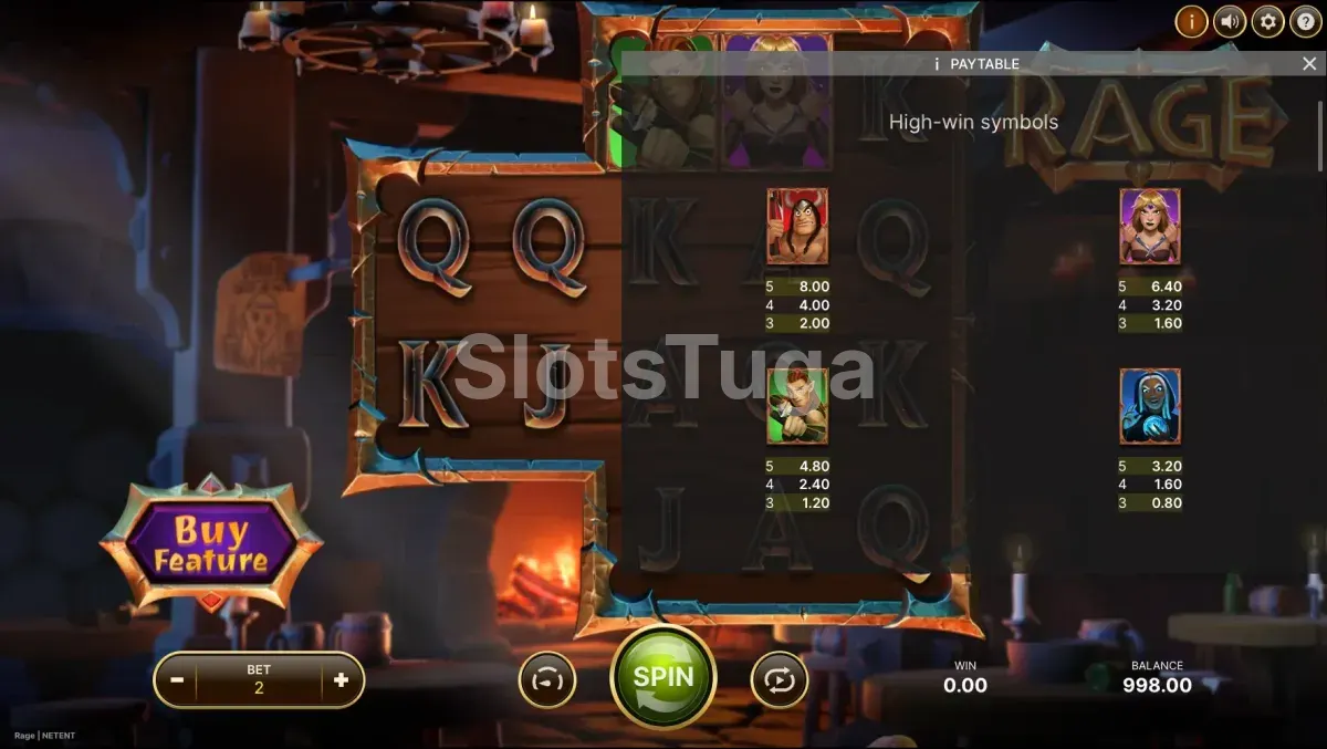 Tabela de pagamentos da slot Rage mostrando símbolos e valores