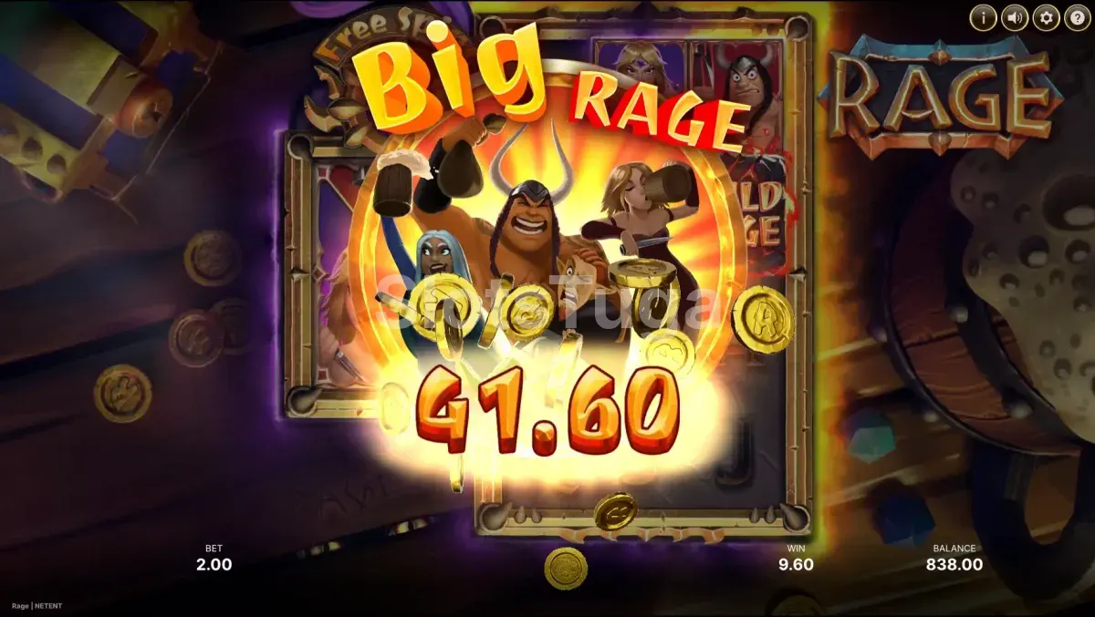 Tela de grande vitória na slot Rage com animação de celebração