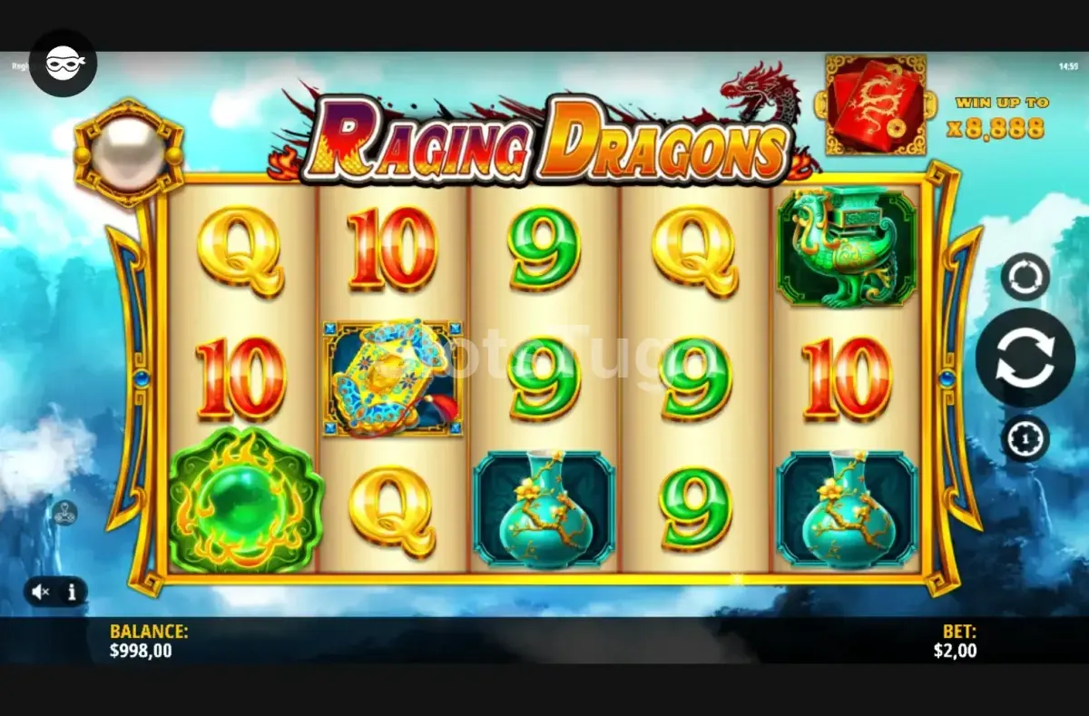 Tela principal do jogo Raging Dragons com os rolos e símbolos de dragões