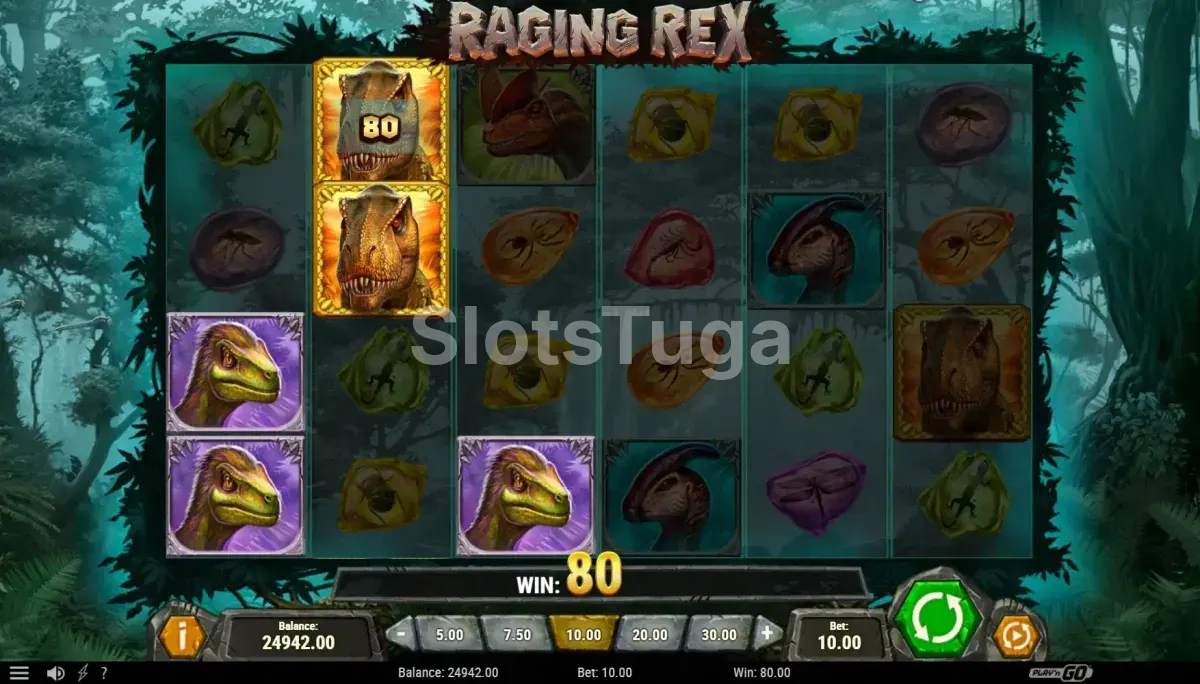 Resultado de giro da Raging Rex 2 com wilds e multiplicadores ativos