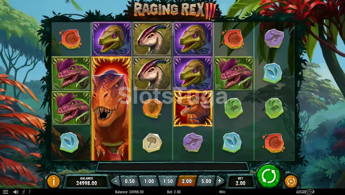 Tela principal do jogo Raging Rex 3 com dinossauros e vulcão ao fundo