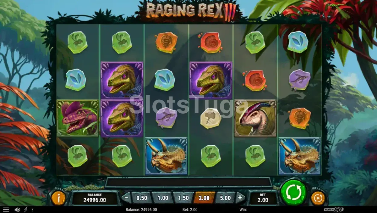 Rodada de bônus ativa no Raging Rex 3 com múltiplos wilds nos rolos