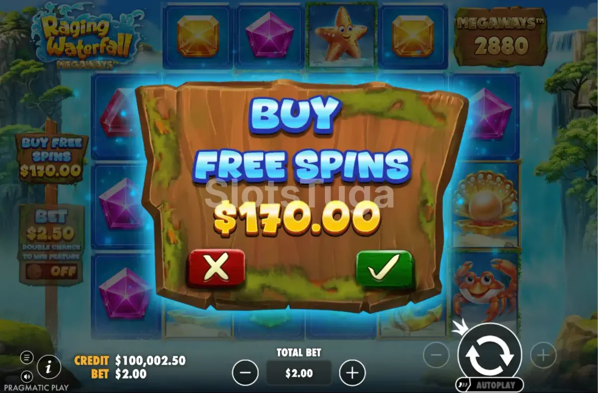 Tela de compra de bônus da Raging Waterfall Megaways com opções disponíveis