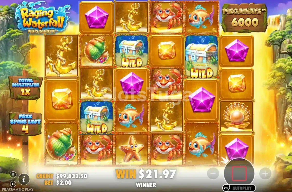 Modo de Free Spins da Raging Waterfall Megaways com multiplicadores ativos