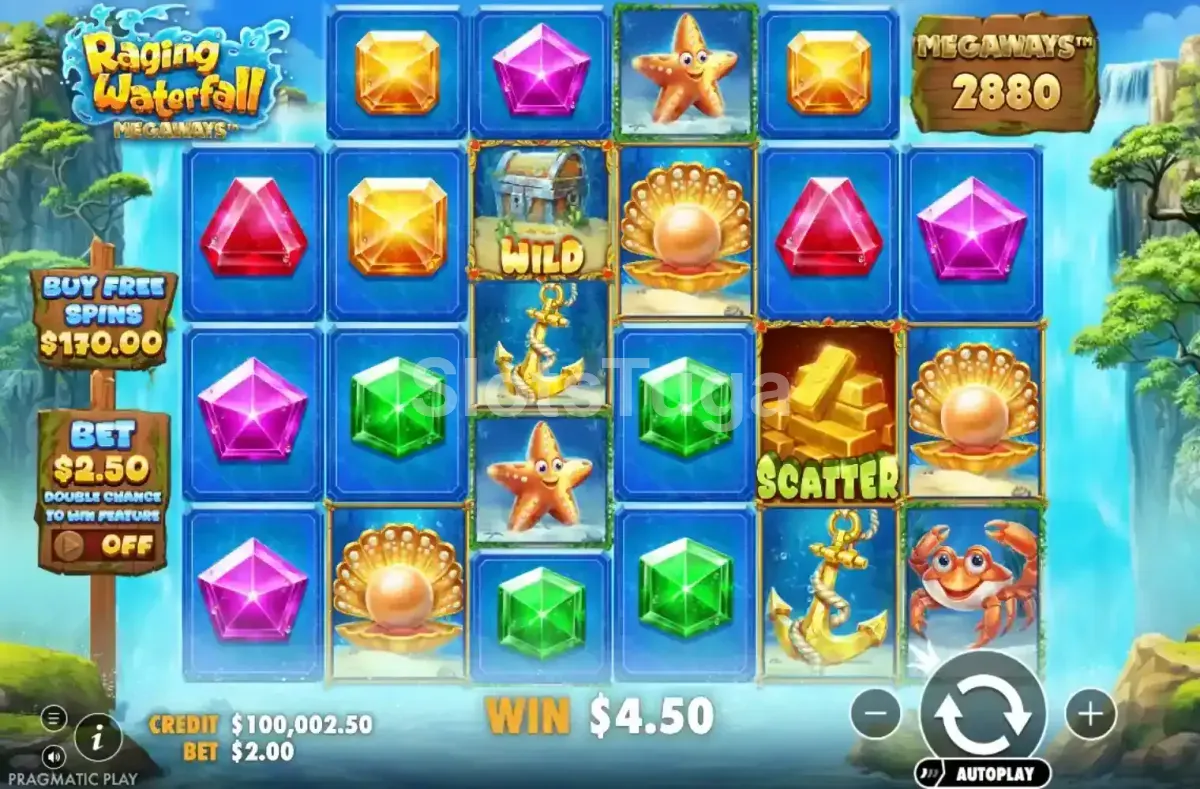 Jogo base da Raging Waterfall Megaways com os rolos em ação
