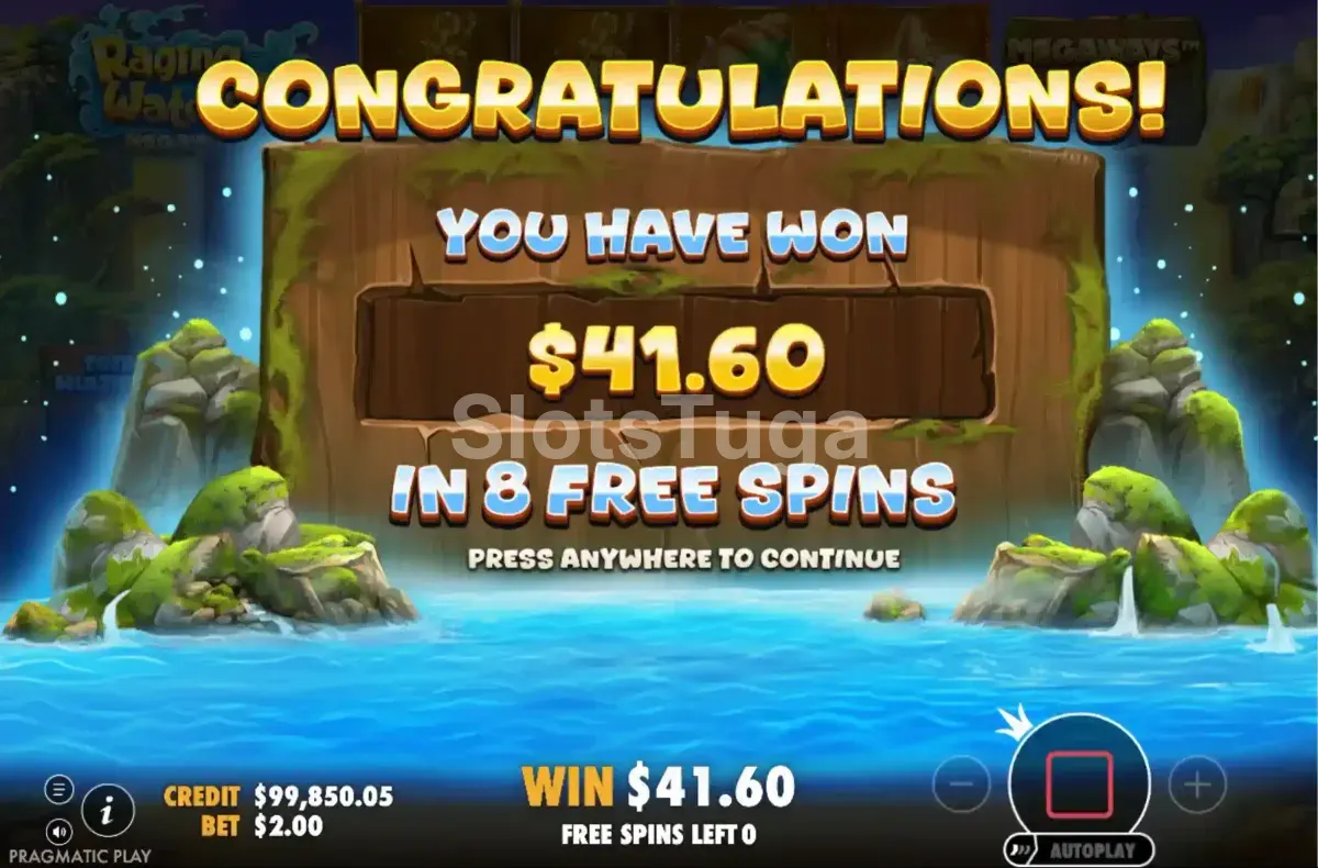 Grande vitória na Raging Waterfall Megaways com multiplicador elevado