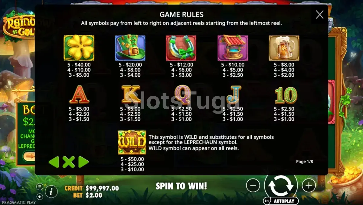 Tabela de pagamentos da Rainbow Gold mostrando os símbolos e multiplicadores
