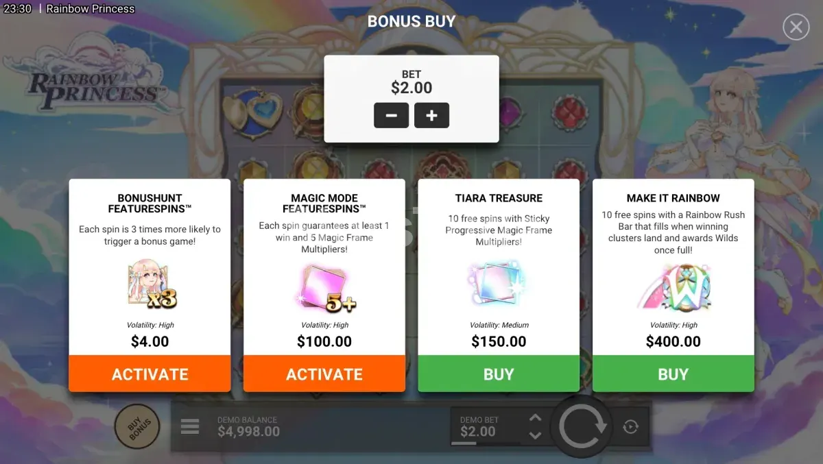 Tela de compra de bônus da Rainbow Princess com opções disponíveis
