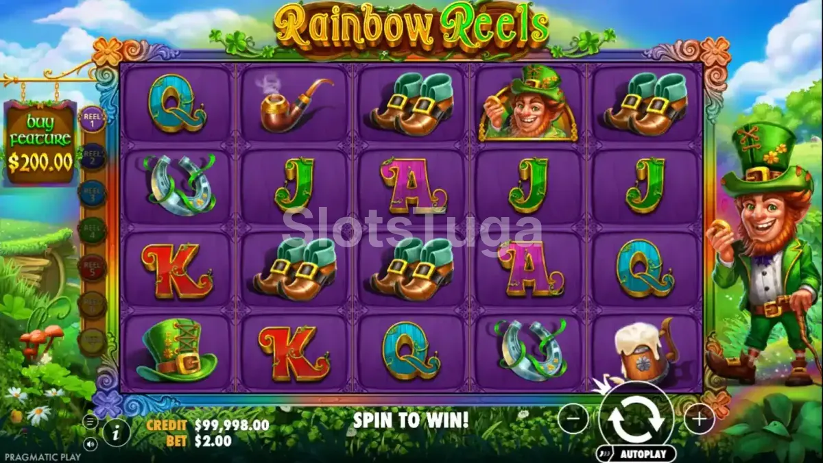 Jogo base do Rainbow Reels com o duende e os rolos coloridos