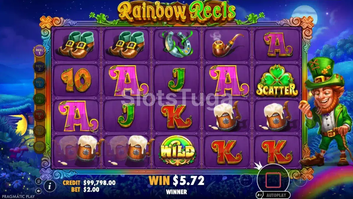 Rodadas grátis do Rainbow Reels com wilds e contadores ativos